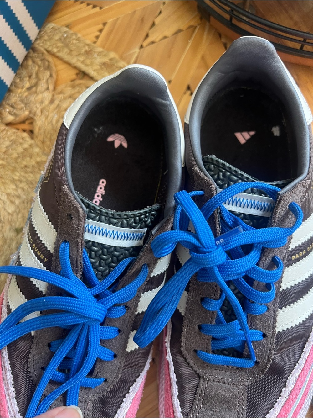 adidas Women’s Brown Sneakers with Blue Laces and White Stripes
